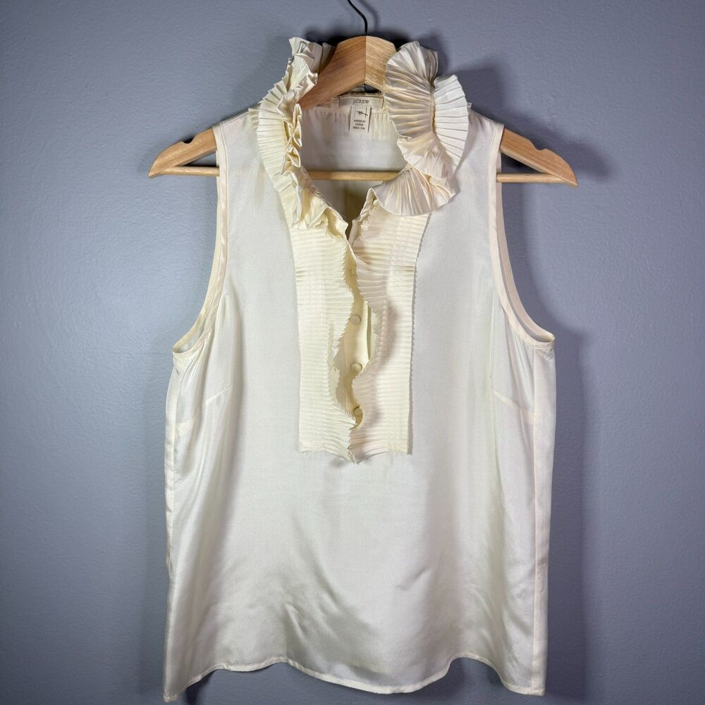 J.Crew 100% Silk Ruffle Collar Sleeveless Blouse Top Ivory Cream Petite 8P